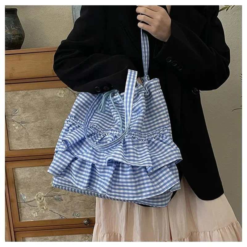 

HAEX Aesthetic Designer Women Bags Fashion Ladies Ruffles String Plaid Tote Bag Individuality Daily Commute Bolso Mujer Shoppers