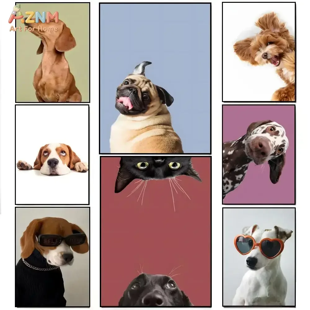 AZNM Cute Pet Dog Cat Canvas Wall Art, Frameless Canvas Print Funny Puppy Kitten Portrait with Sunglasses Colorful Art for Kids