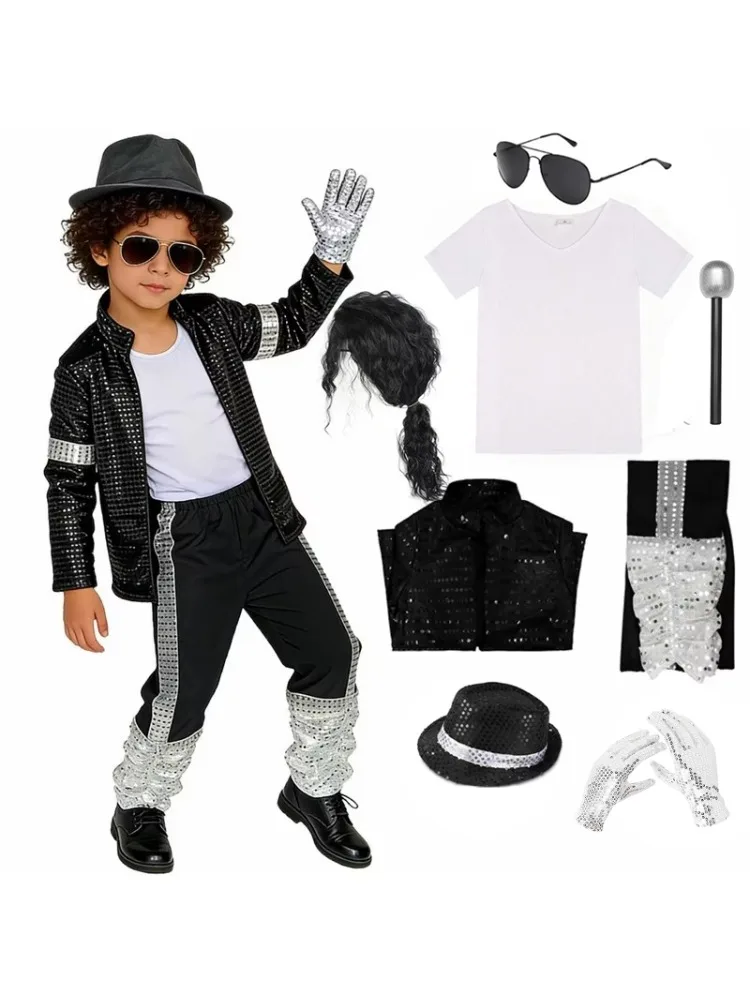 Retro-Popstar-Auftrittsanzug für Jungen, schwarz-silberne Paillettenkleidung, Komplettset, Kinder-Halloween-Maskerade-Hip-Hop-Partykostüm