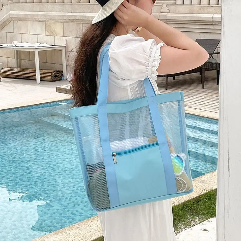 Simple PVC Beach Tote Bag Storage Bag Handbag Transparent Mesh Bag Summer Swimming Fitness Bag Travel Shoulder Bag Ladies