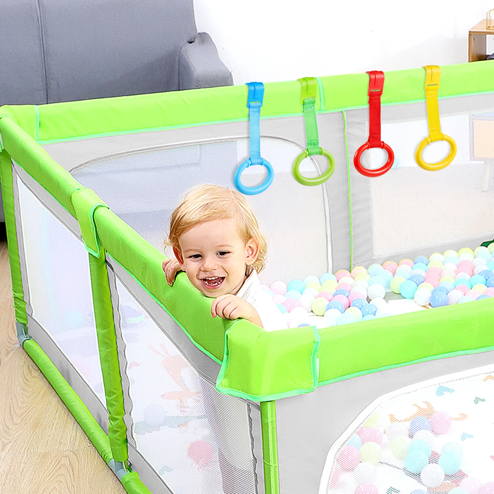 

4pcs Baby Standing Pull Ring in Red Yellow Green Blue Infant Learn to Material Portable Walker Travel Handle