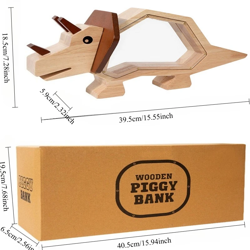Large Capacity Wooden Dinosaur Money Box Kids Coin Savings Jar Holiday Gift