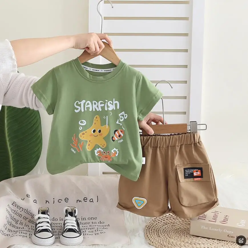 Zomersets voor babyjongens Koreaanse stijl Kinderen Leuke cartoonprint O-hals Casual T-shirts en shorts Peuteroutfits voor babykleding