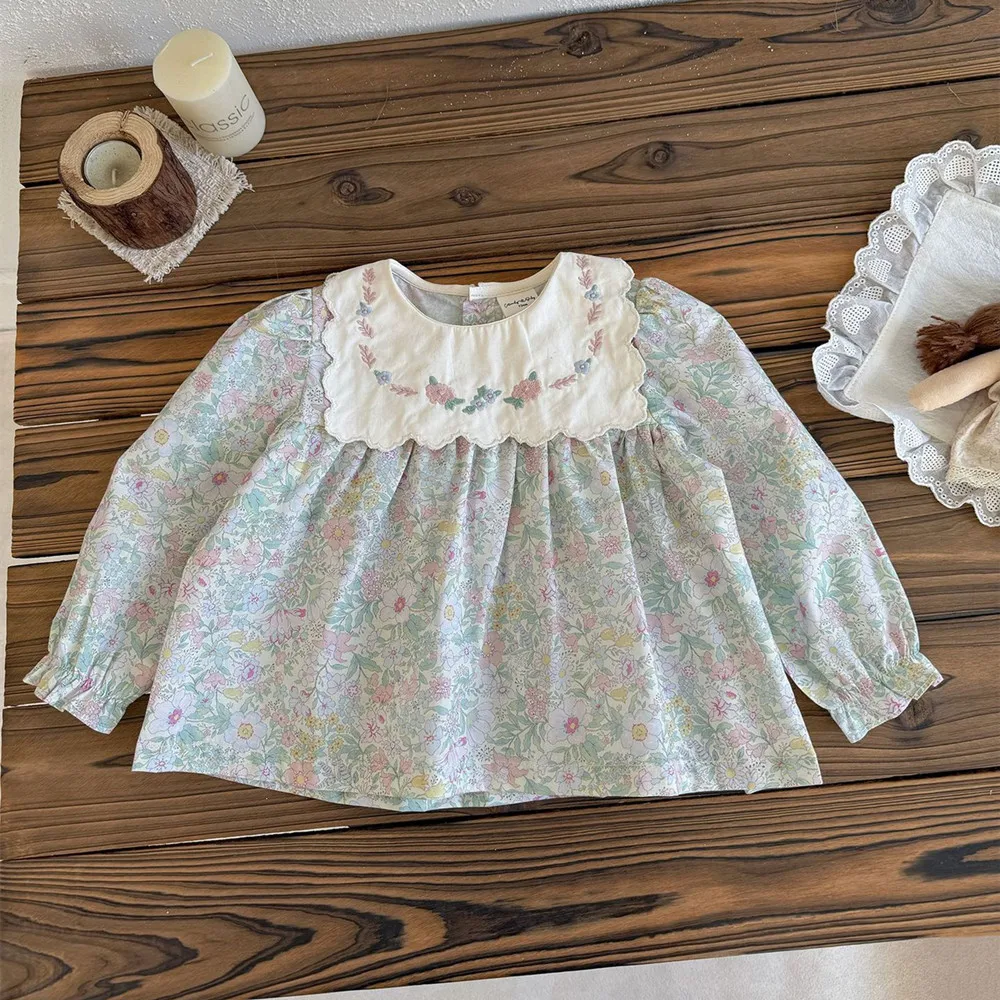 baby girl clothes baby t-shirt cotton rustic style tops Pink green floral pattern big collar long sleeved T-shirt