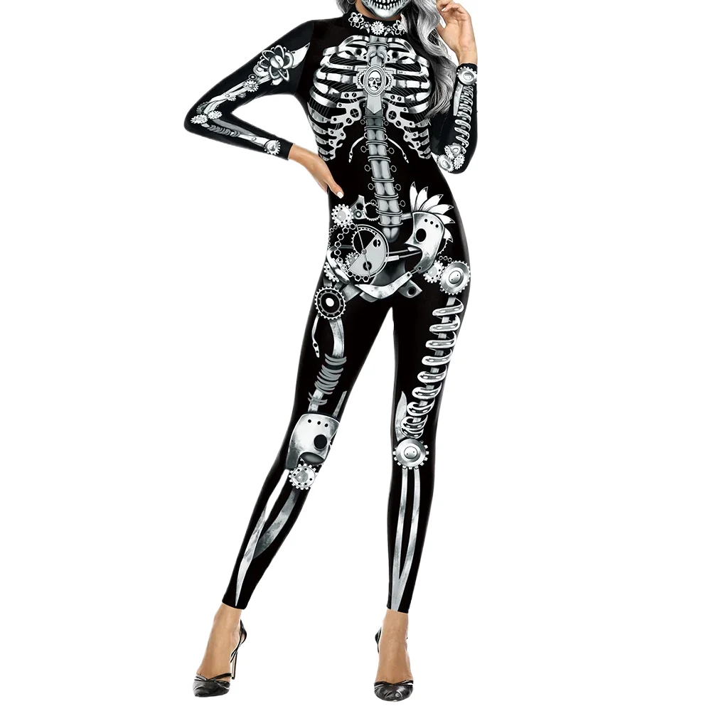 

2024 New Halloween Bodysuit Men Women Black Printing Holiday Party Cosplay Costume Onesie Set Female Funny Jumpsuit