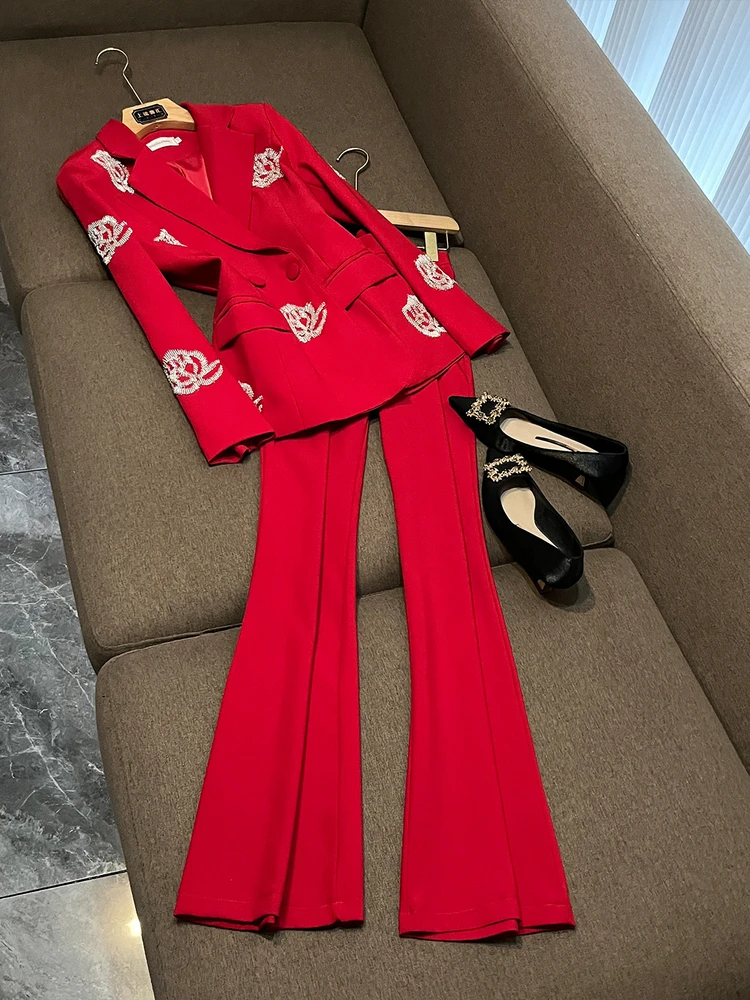 

Костюм Heavy Embellied Diamond на одной пуговице V Ne, комплект брюк из джата с высокой талией, модный новый женский ансамбль 2025 OK355