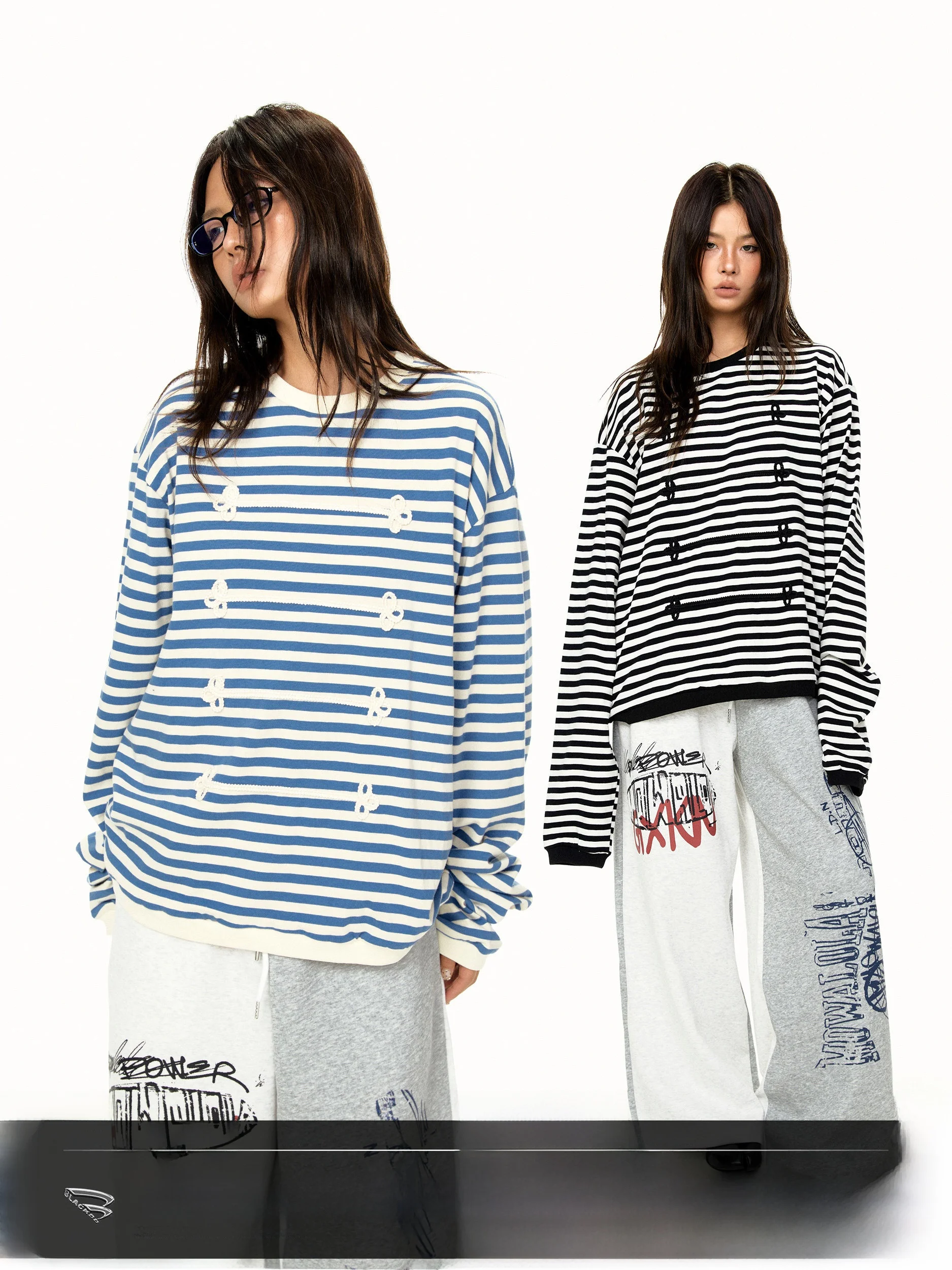 Retro Striped Embroidered Long Sleeve Sweatshirt Lazy Style Early Autumn Casual Loose Versatile Women's round Neck Cotton Top