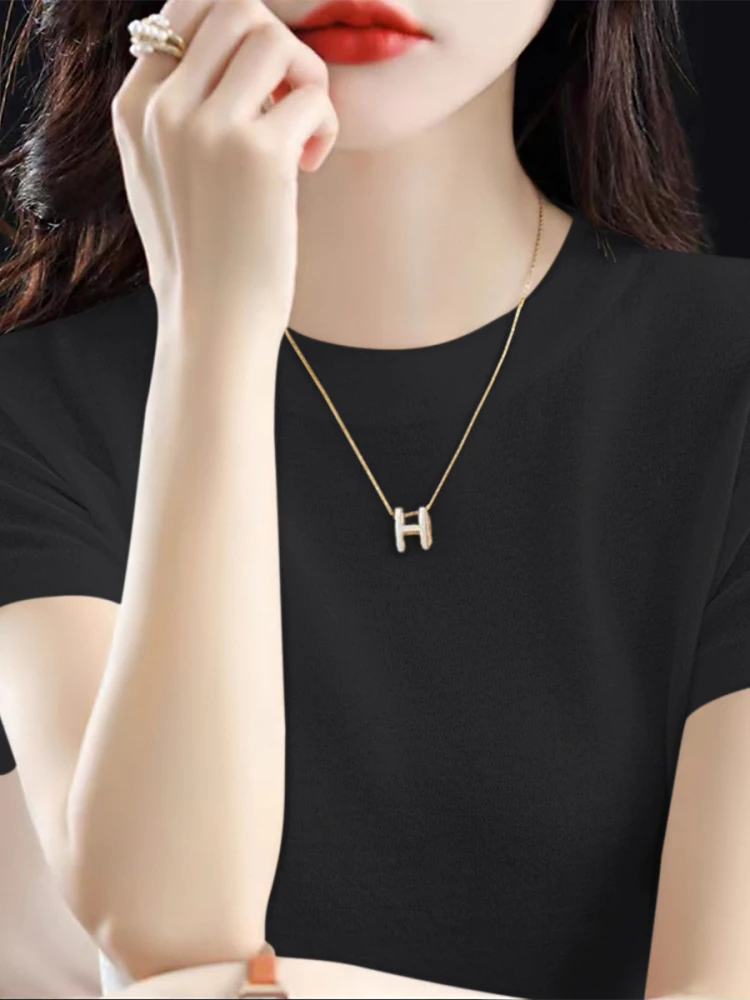 화이트 루즈 슬림 또는 얇은 니트 여름 신상 얇은 라운드 넥 티셔츠 여성 캐주얼 편안한 통기성