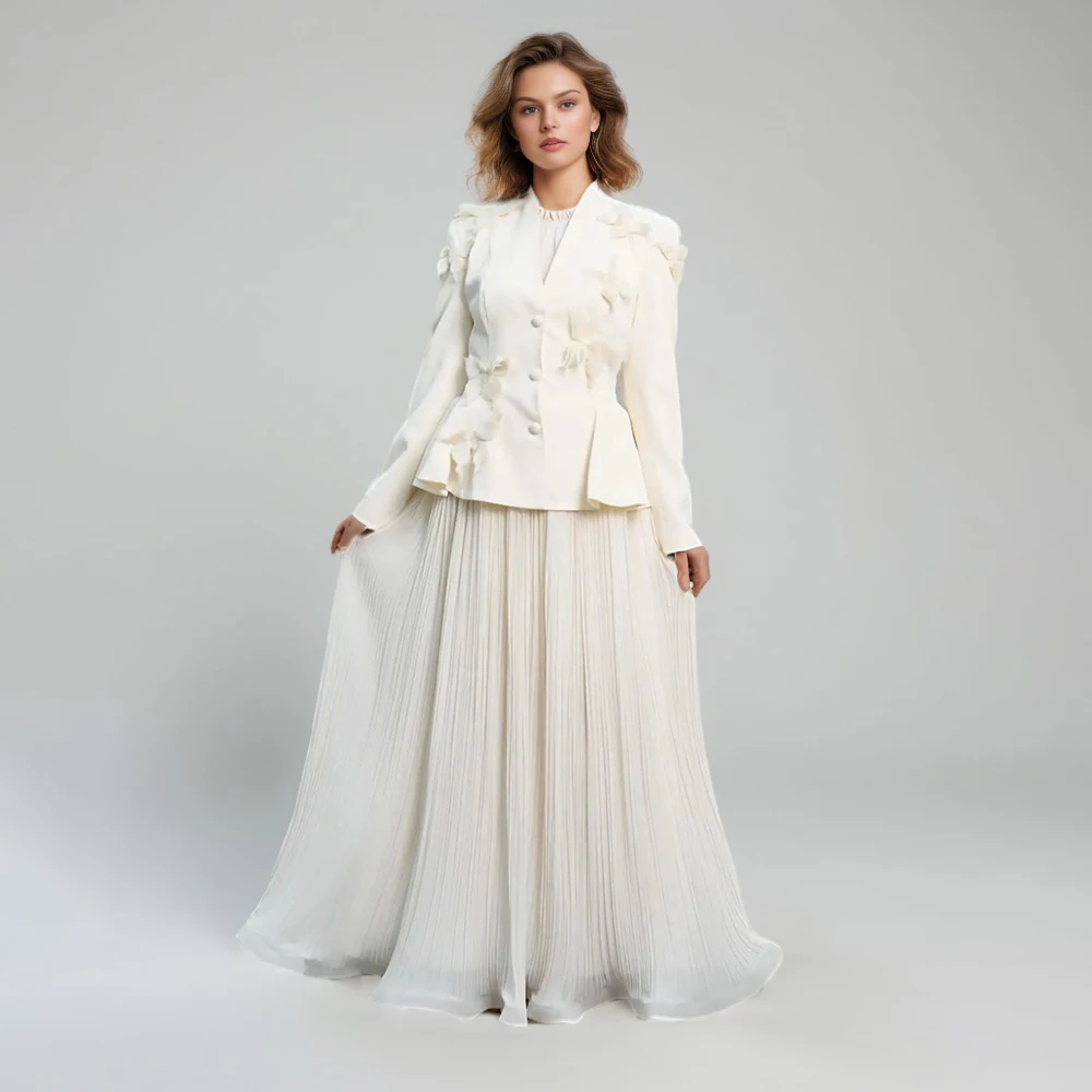 Solid Elegant Two Piece Sets For Women V Neck Long Sleeve Tunic Coat High Waist Pleated Skirt Formal Set Female New