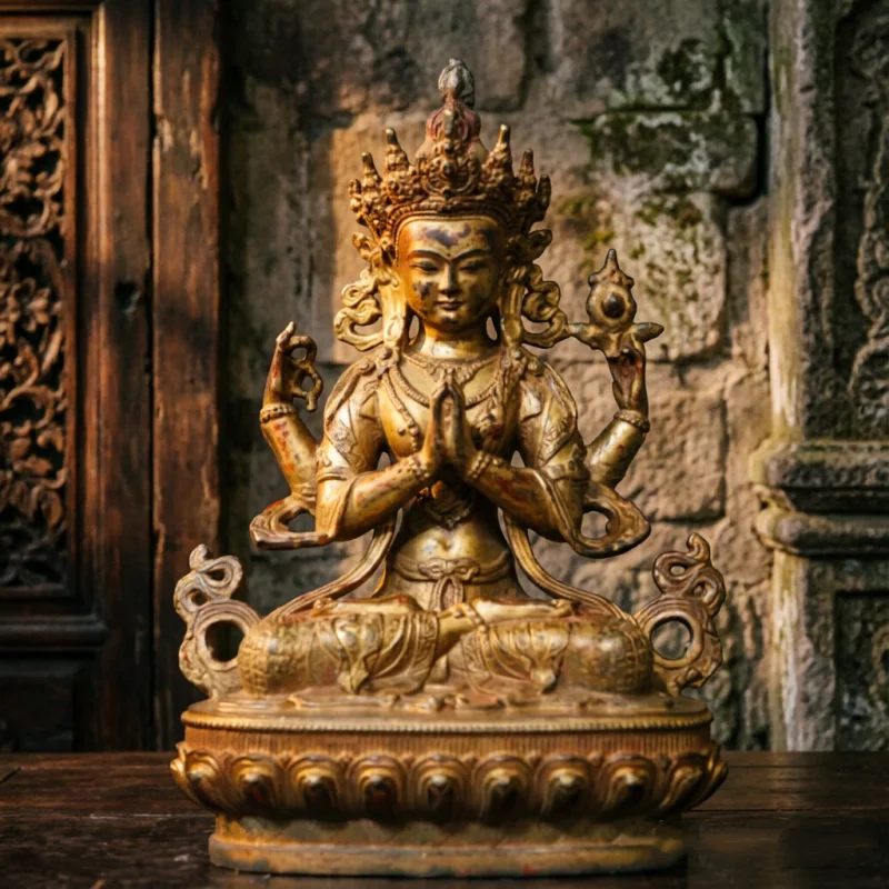 Vintage Copper Four-Armed Guanyin Statue Tibetan Buddhist Sculpture, Traditional Feng Shui Home Altar Decor Spiritual Protection