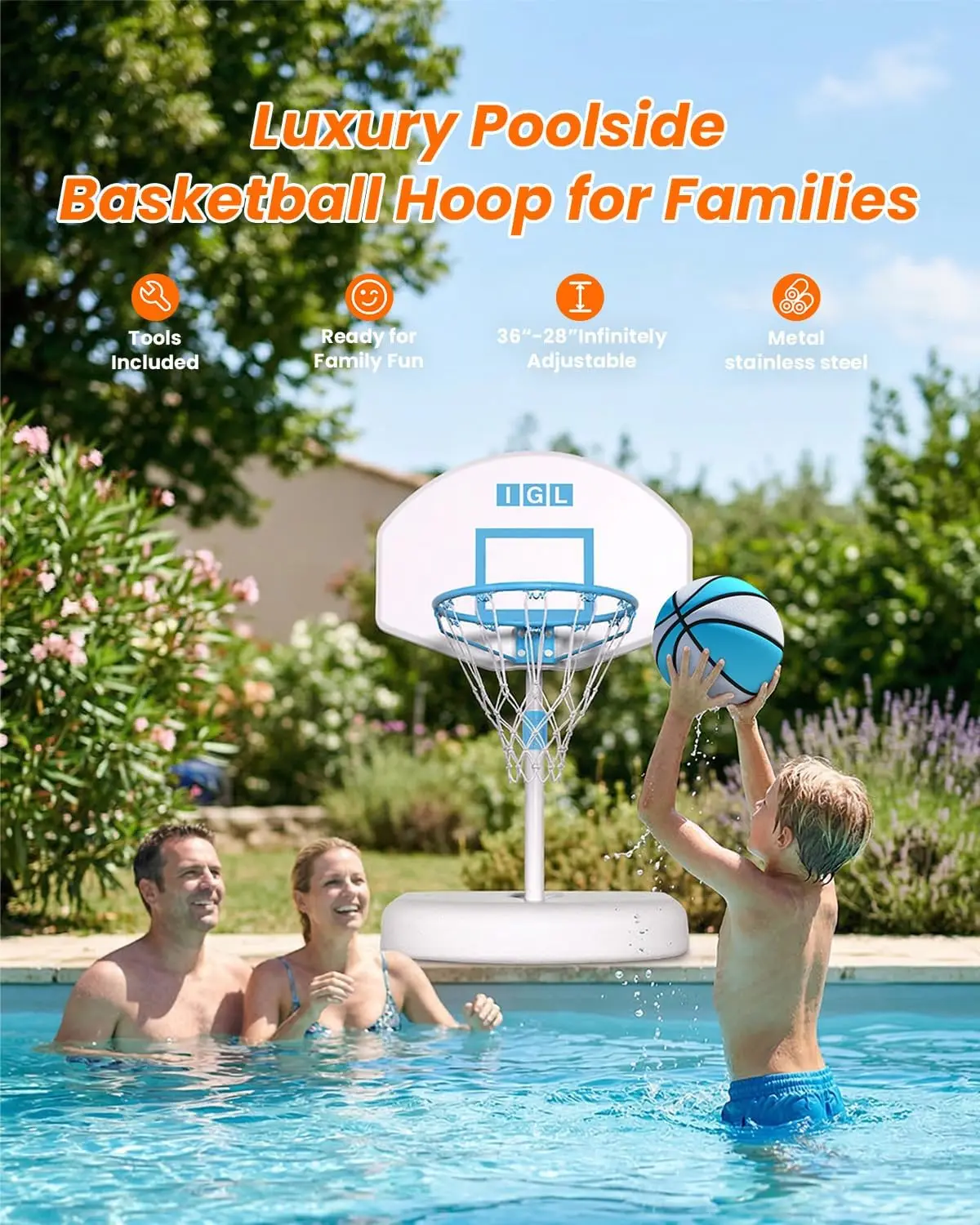 Portable Swimming Pool Basketball Goal with 28/32/36/44 Inch Backboard, Water-Filled Base for Stability, Includes 2 Balls and Pump - Outdoor Summer Fun for Kids & Adults