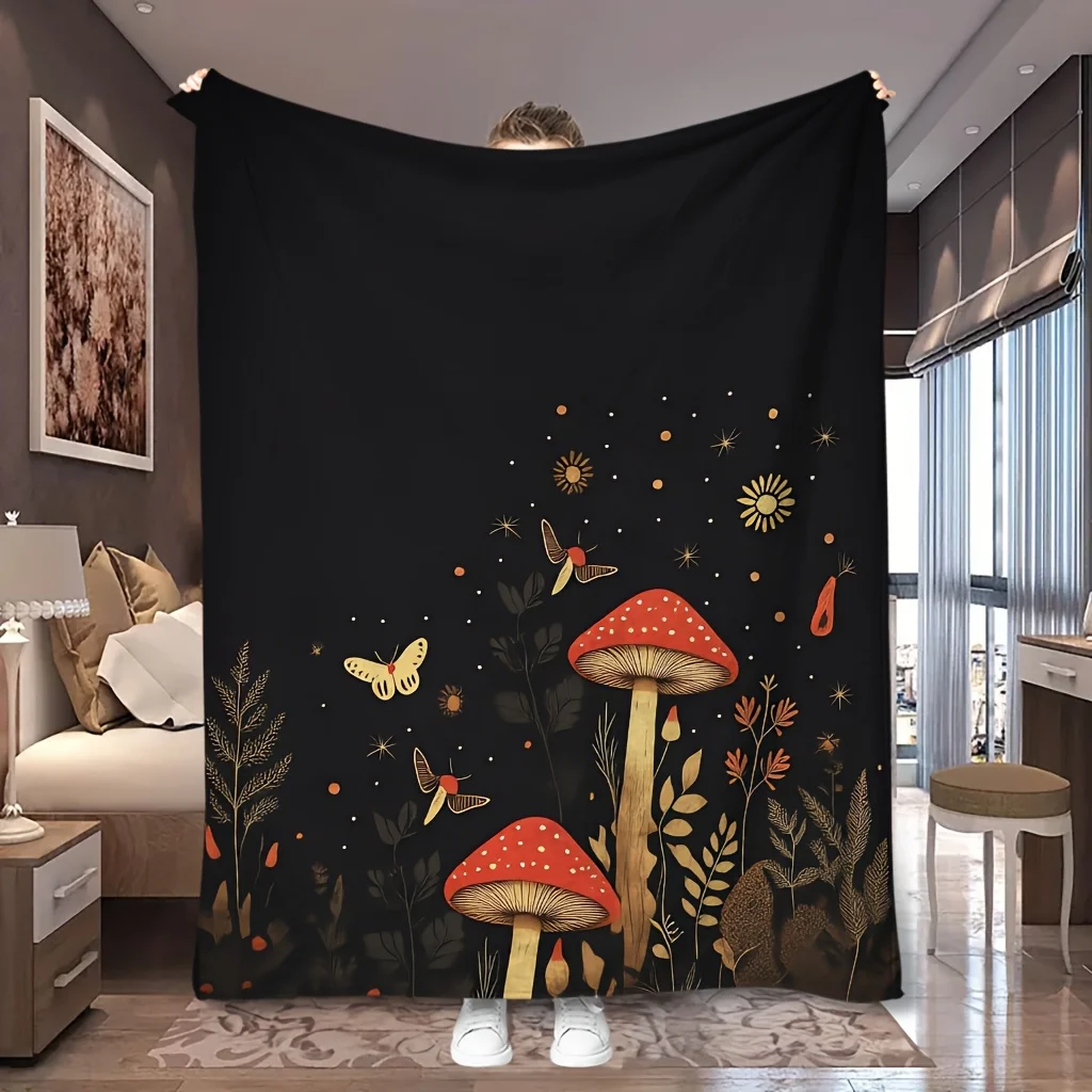 1pc Dark Forest Mushroom Butterfly Print Flannel Blanket, All-season Usable and Soft Portable Throw, Suitable for Blankets, Kid