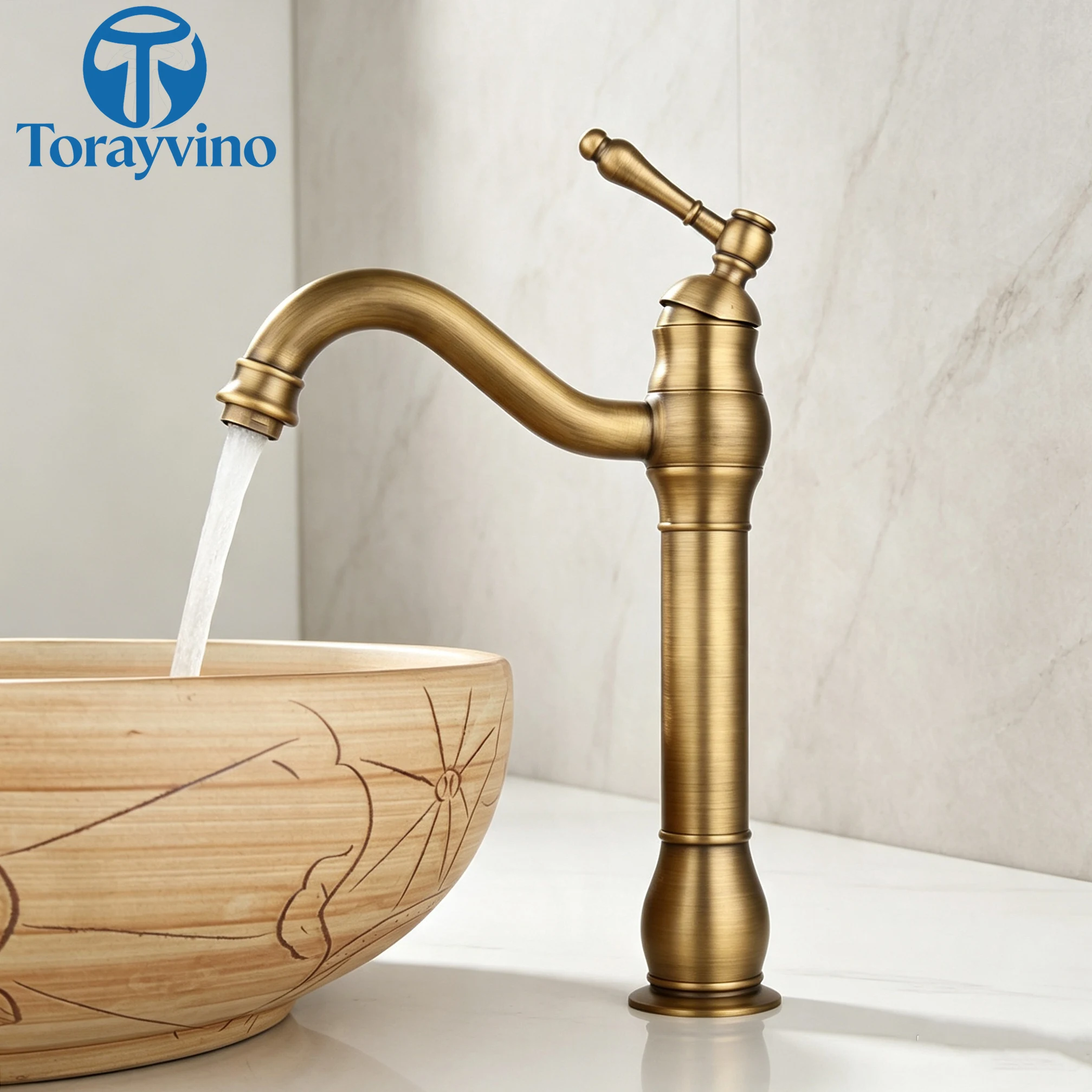 Torayvino Luxury Bathroom Basin Faucet Antique Brass Vessel Sink Faucets 360 Swivel Spout Sink Hot Water Faucet Mixer Tap