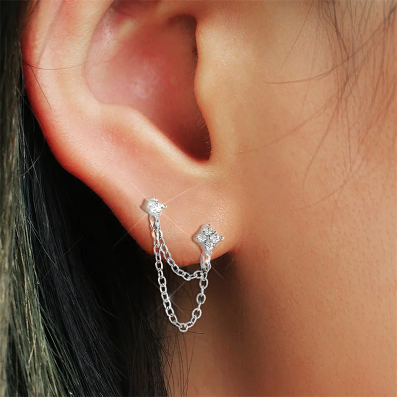 Huitan New Arrival Double Ear Studs Tassel Chains Hanging Earrings for Women Ear Piercing 3 Metal Color Luxury CZ Hot Jewelry