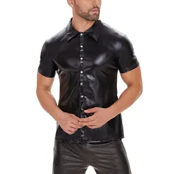 Camisa de charol brillante de talla grande para hombre, Tops moldeadores de cuero suave de manga corta, camisa informal con cuello vuelto para hombre Sexi