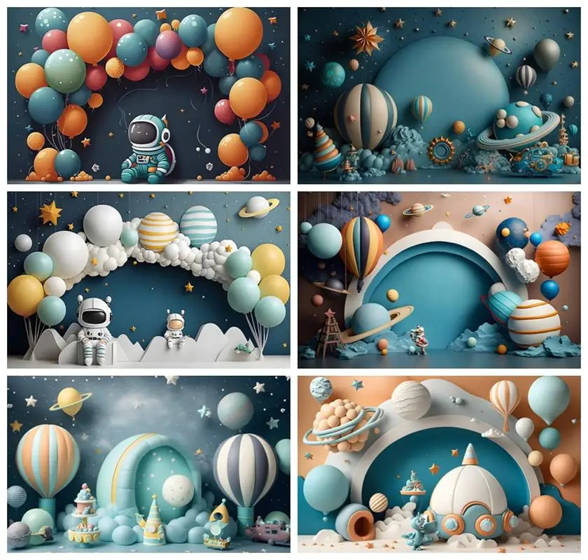 Laeacco Outer Space Photography Backdrop Universe Planet Star Galaxy Astronaut Rocket Kids Birthday Newborn Portrait Background