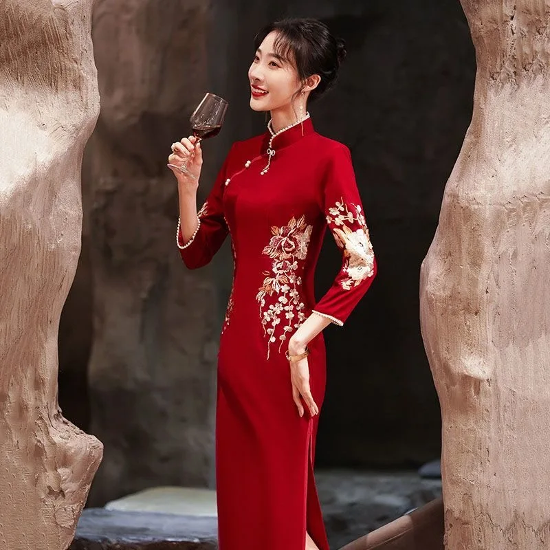 

Yourqipao Wedding Toast Clothing Chinese Hanfu Cheongsams Dresses Long Sleeve Autumn Winter Bridal Engagement Party Gowns 2025