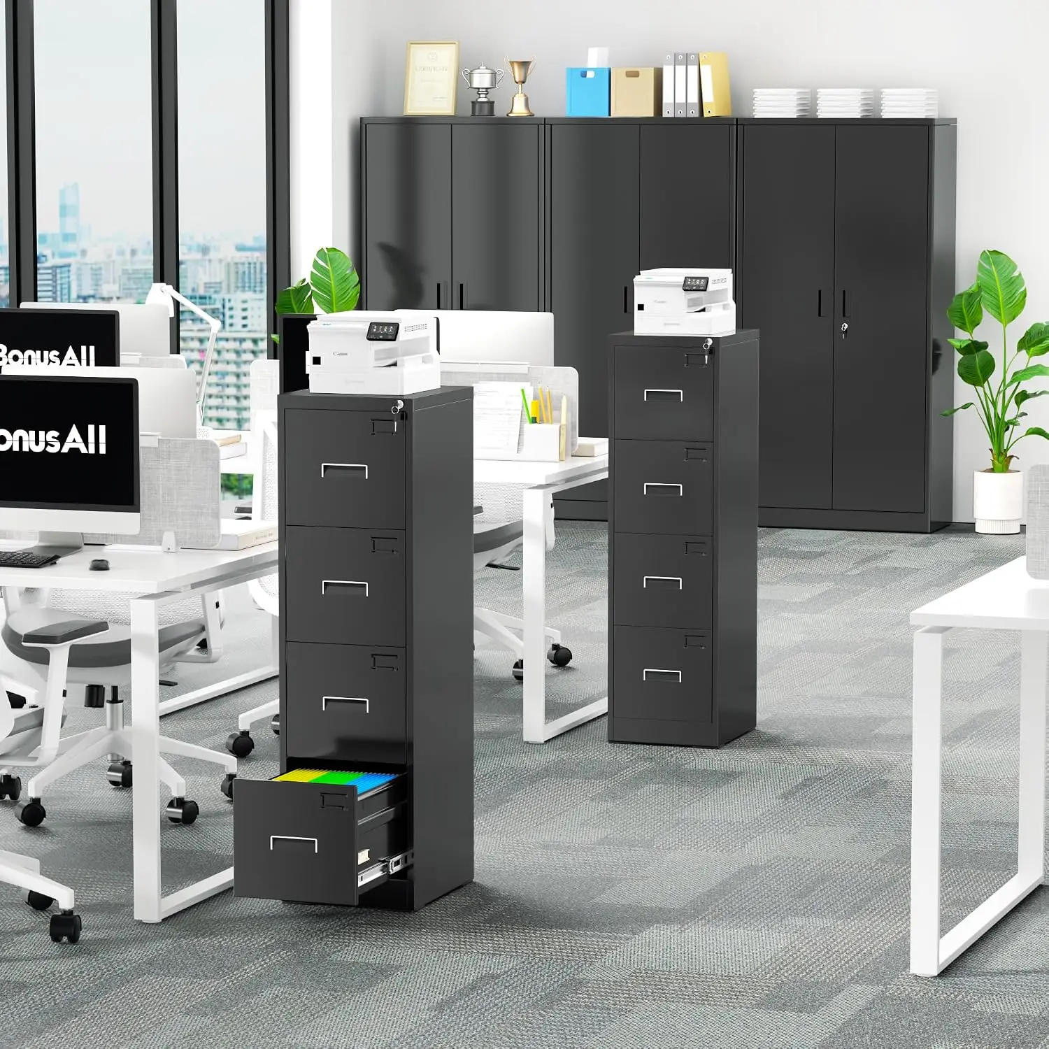 4-Drawer Locking File Cabinet For Legal & Letter Size, Metal Organizer With Rack For Home Office, Black, Customized