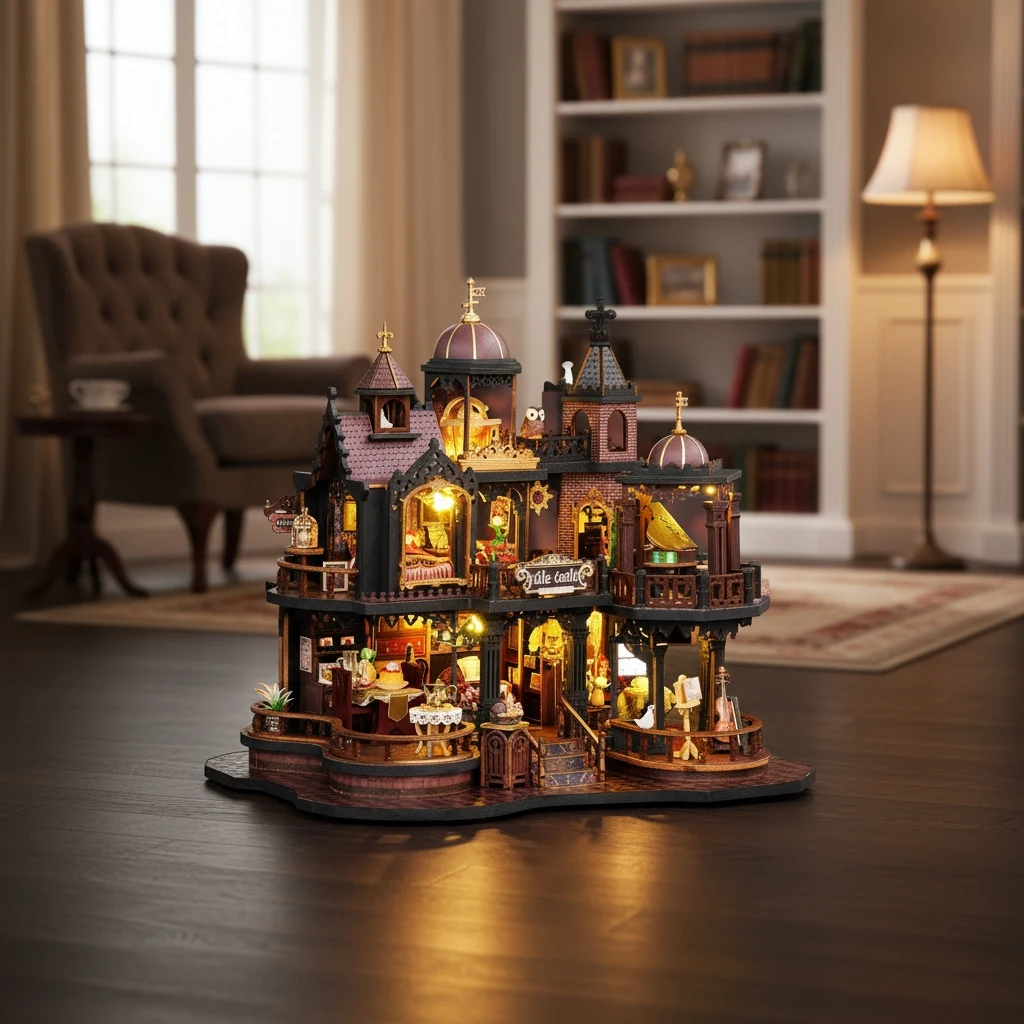 OUZEY 3D Medieval Castle Dollhouse DIY Kit - Scottish Style Wooden Model with Figurines, Bookshelf Decor Gift