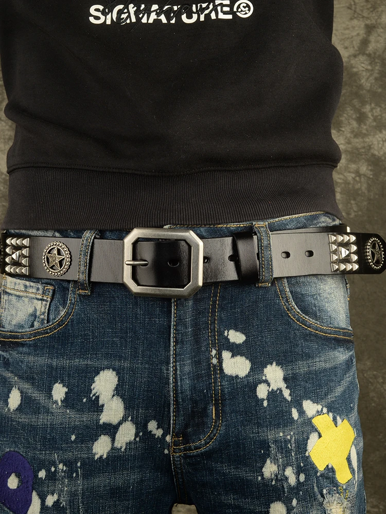 High Quality Men Belts Top Full Grain 100% Top Grain Real Genuine Cowskin Leather Rivet Pin Buckle Jeans Belt With Holes