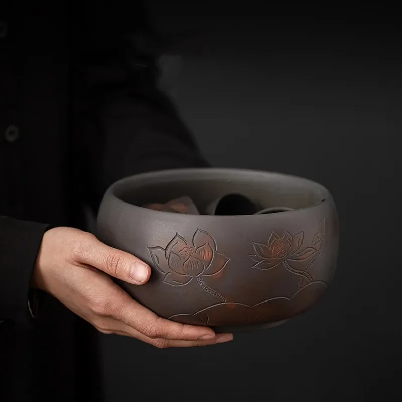 Purple Pottery Tea Basin Handmade Carved Jumping Knife Small Cup Wash Washed Tea Residue Barrel Tea Utensils