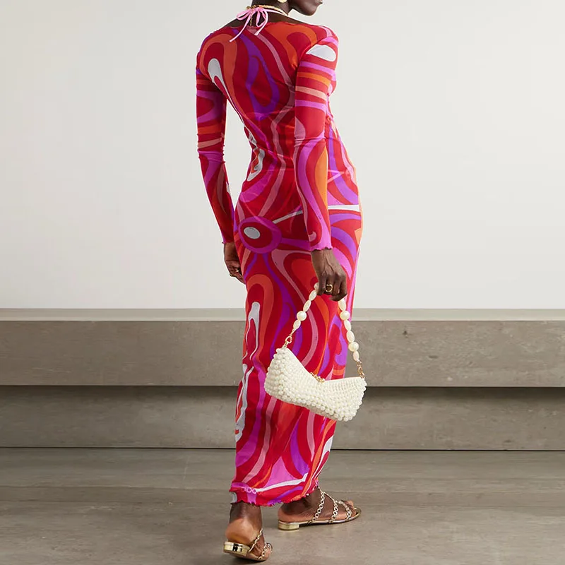Sexy hohl durchsichtiges Etui-langes Kleid für Damen, Sommerdruck, O-Ausschnitt, böhmisches Strandkleid, elegantes, langärmliges Urlaubs-Hüftkleid