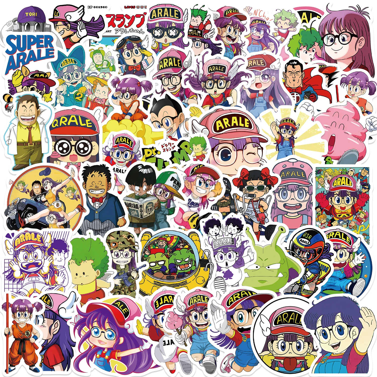 50 Uds. De pegatinas de Arale bonitas de dibujos animados, calcomanías de grafiti Kawaii para ordenador portátil, equipaje, monopatín, teléfono, pegatinas impermeables de vinilo para niños