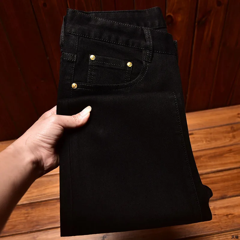 Jeans preto leve, luxuoso e simples, masculino, reto, slim fit, casual, na moda, magro, elástico, na moda, todos os fósforos, novo, 2024