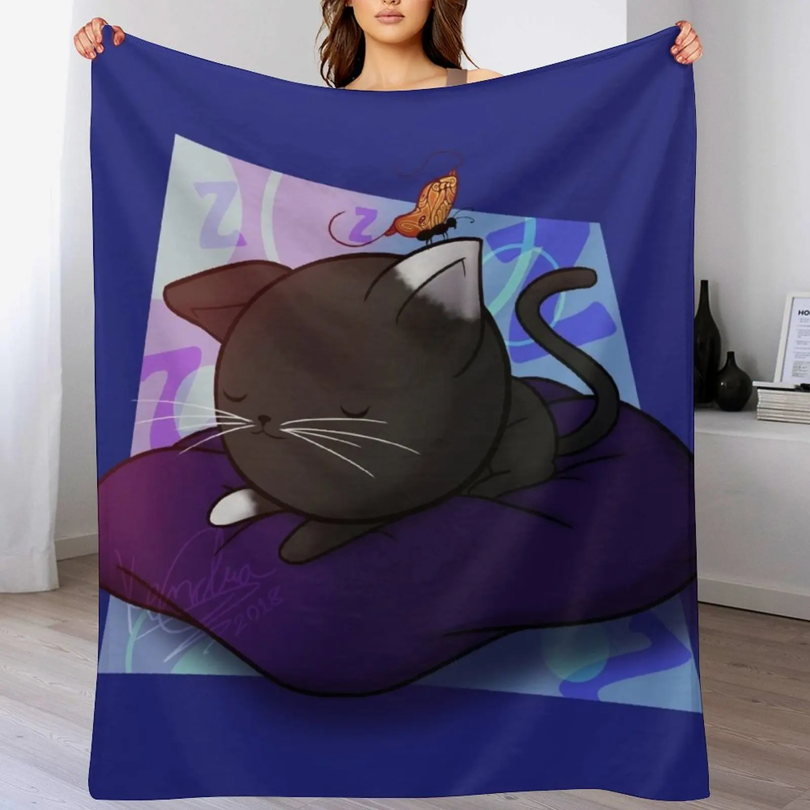

Sleepy Chibi Kitty Throw Blanket Wrinkle Resistant Lightweight Blanket