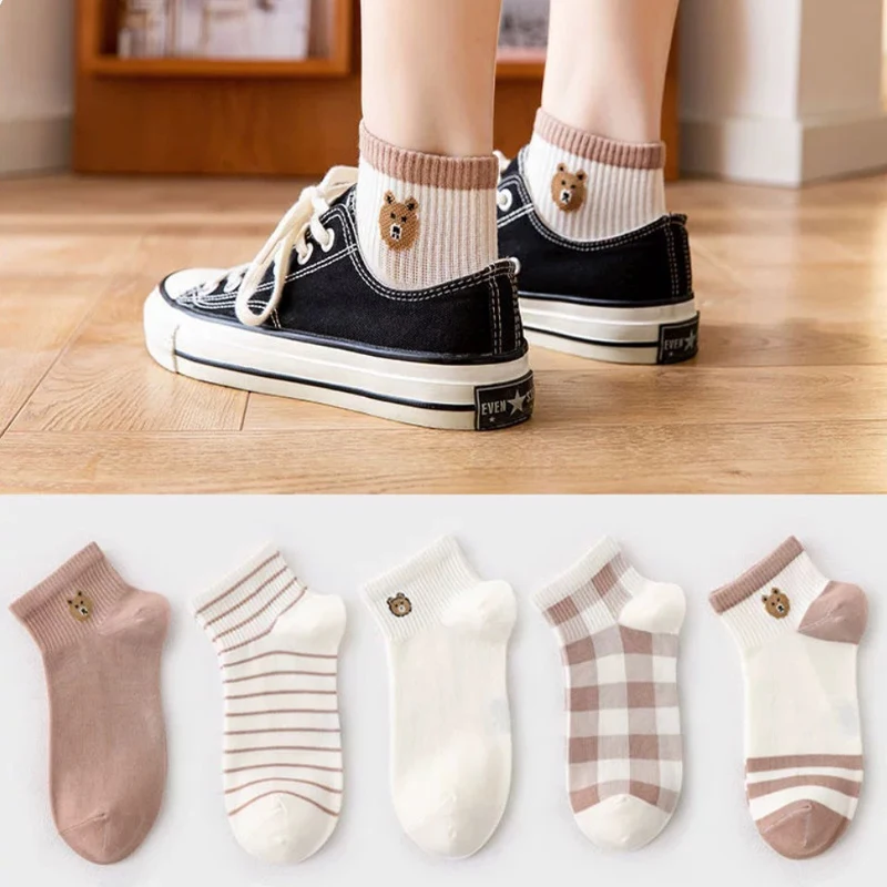 

Набор из 5 пар женских носков: мультяшные, с мишками, кавайные, дышащие, спортивные носки для девочек оптом, милые повседневные укороченные носки