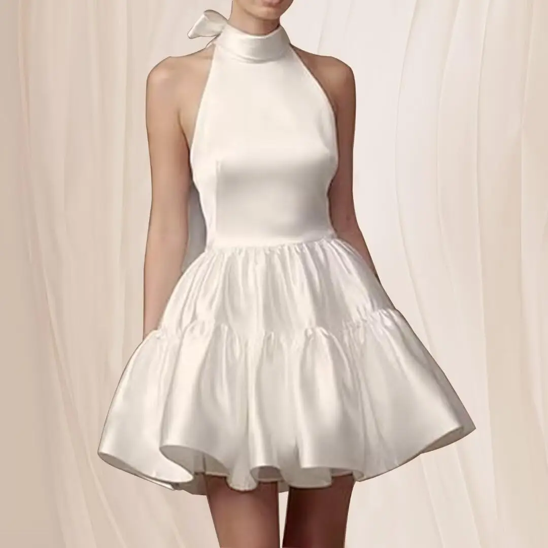Короткие атласные платья для встречи выпускников для подростков, вечернее платье без рукавов с бантом, простое женское коктейльное платье выше колена, мини