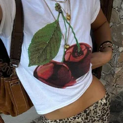 Vintage Streetwear Summer Trendy Crop Tops Fruit Print White T-shirt Y2K Aesthetic Preppy Casual Short Sleeve Slim Fit Baby Tees