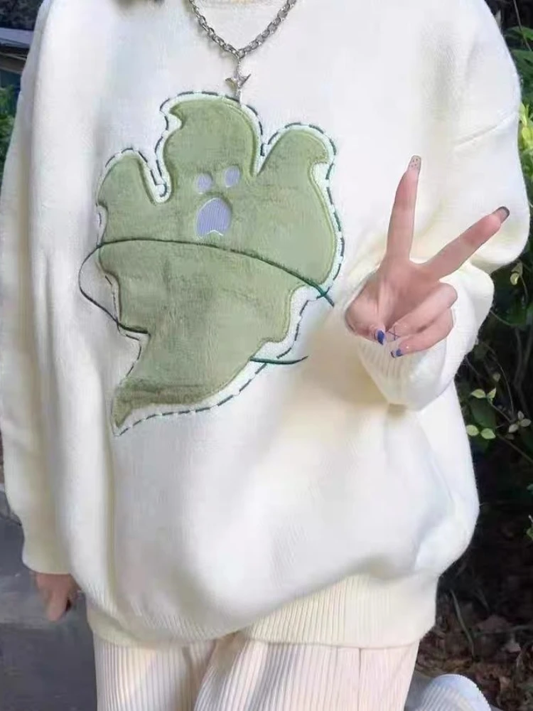 

Fashion Sweet Sweaters Cartoon Jacquard Long Sleeve O Neck Casual Loose Pullovers Preppy Style All Match 2024 Women's Clothing