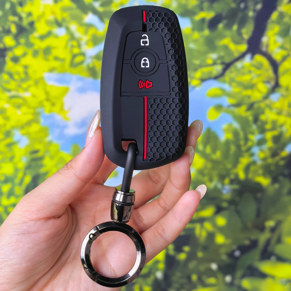 Non‑Slip Ergonomic Key Fob Skin with Keyring for Ford Explorer Mustang Fusion Escape F150‑F550 Raptor 3/4 Buttons Protector