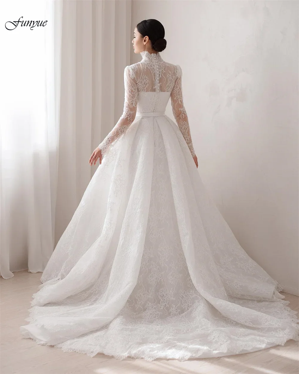 Funyue Aangepaste Dubai V-hals Volledige Kant Trouwjurken Lange Mouwen Een Lijn Elegante Bruidsjurk voor Bruiden Vestido De Noiva