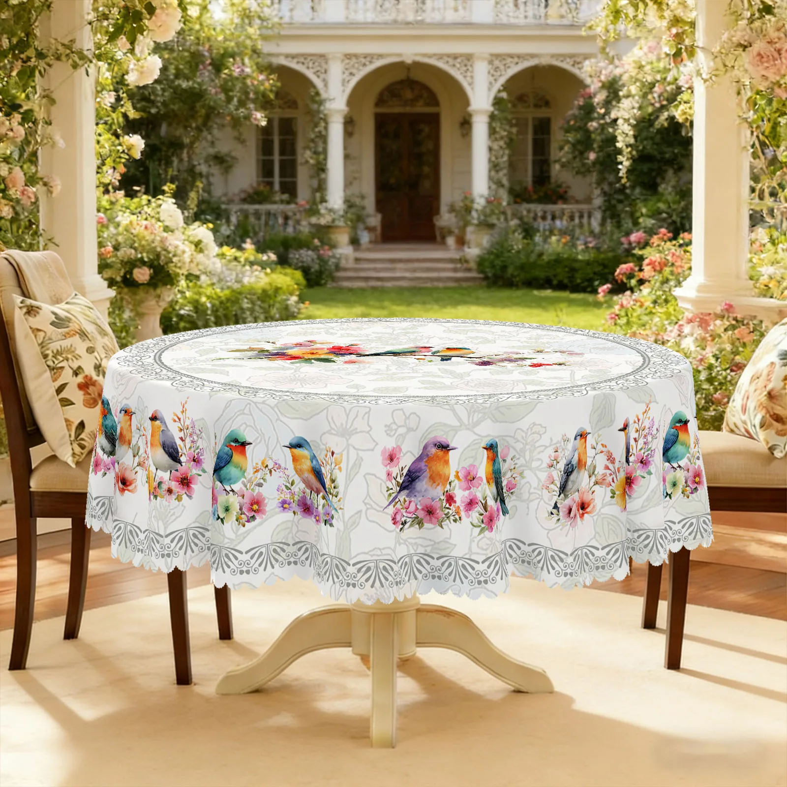 1 Piece of Vintage Watercolor Floral and Bird Tablecloth in Round and Rectangular Shapes, Available in Various Sizes, with a Light Beige Base Color Featuring Intertwined Light-Colored Floral and Bird Designs, Paired with a Printed Tablecloth Featuring Vivid Colored Feathers and Blooming Flower Branches, with Embossed Edge Design, Suitable for Use in Home Dining Rooms, Patio Gardens, and as a Decorative Item for Country Farm-Themed Events, and for Home Decor in All Seasons