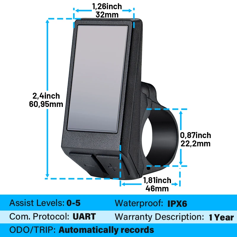 Display LED impermeável para EBike, Mid Motor de acionamento, compatível com Bafang BBS01, BBS02, BBS1000W, 0-5, protocolo UART