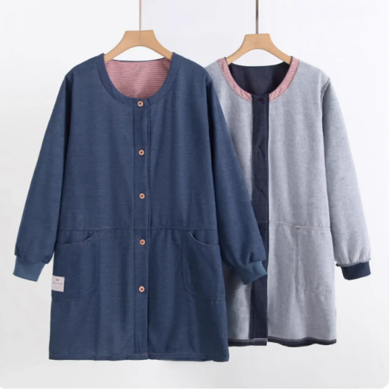 

Japanese Style Women Solid Color Fleece Lined Warm Cardigan Apron, Button Front Anti-stain Overall Coat, Long Sleeve Work Smock