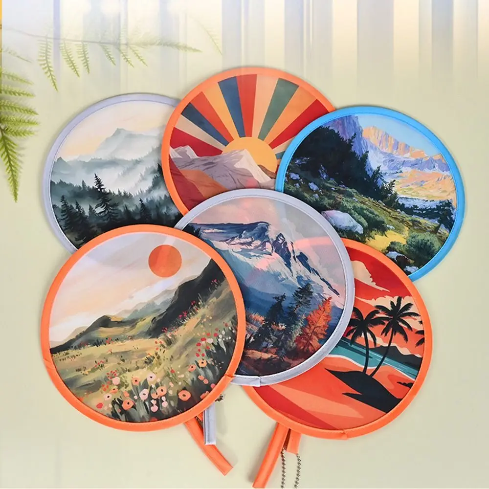 New Round Shape Round Foldable Hand Fans Flower Oil Painting Cooling Fans Cartoon Pocket Fans Office