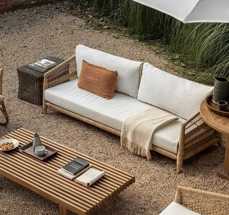 #Outdoor rattan sofa set with teak coffee table - weather-resistant garden terrace leisure furniture
