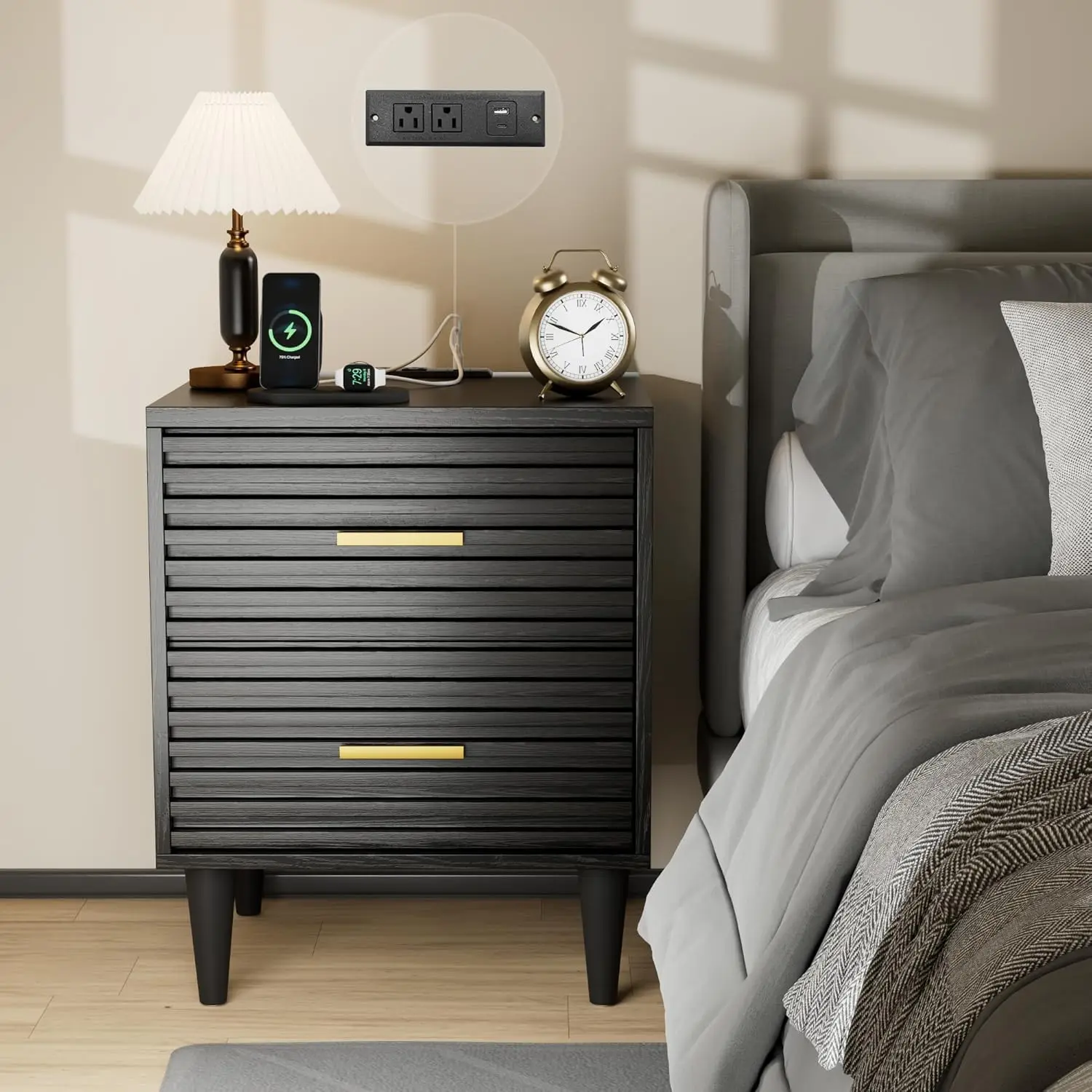 

Nightstands with Charging Station and USB-C Port, 19" W Flute Night Stand with 2 Drawers, Farmhouse End Table Modern Wood Bed