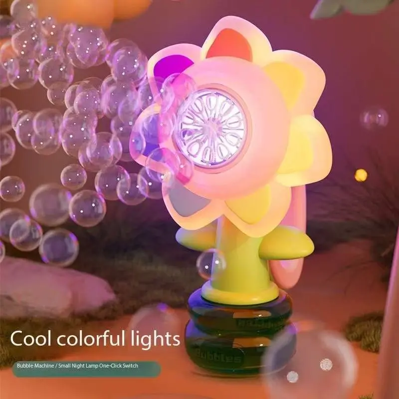Máquina de burbujas de siete colores de girasol, luz oscilante totalmente automática, cabezal móvil de 3 velocidades, burbuja que sopla, juguete de burbujas oscilantes de mano