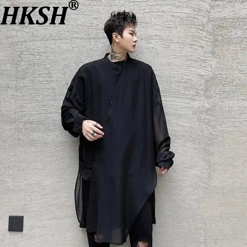 

HKSH Spring Summer New Men Tide Dark Square-Neck Long-Sleeved Shirt Loose Fit Medium-length Lace-up Light Sun Protection HK22369
