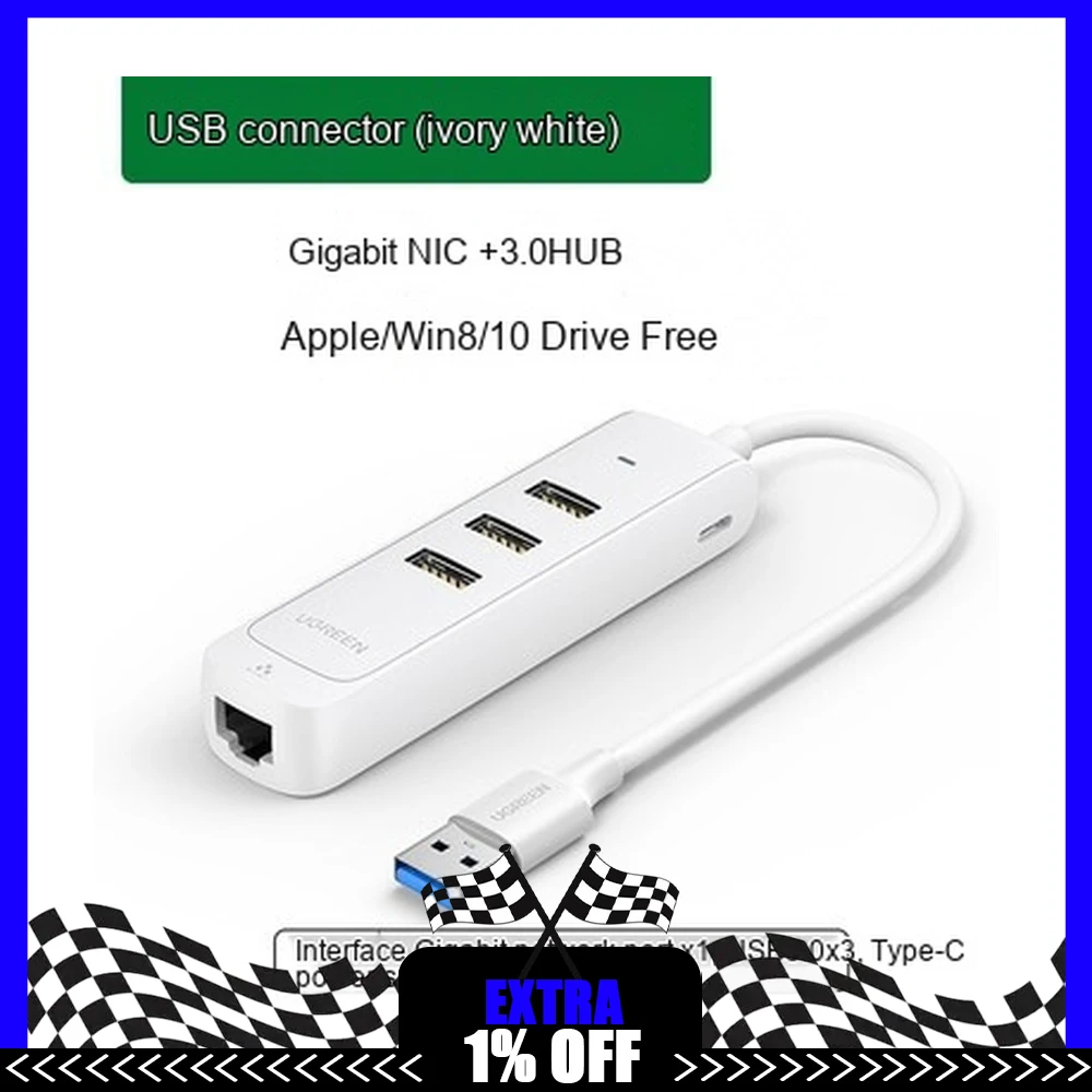 UGREEN 50623 CM530 USB 3.0 Hub with Gigabit Ethernet Adapter 3-Port USB Splitter RJ45 Network Adapter White
