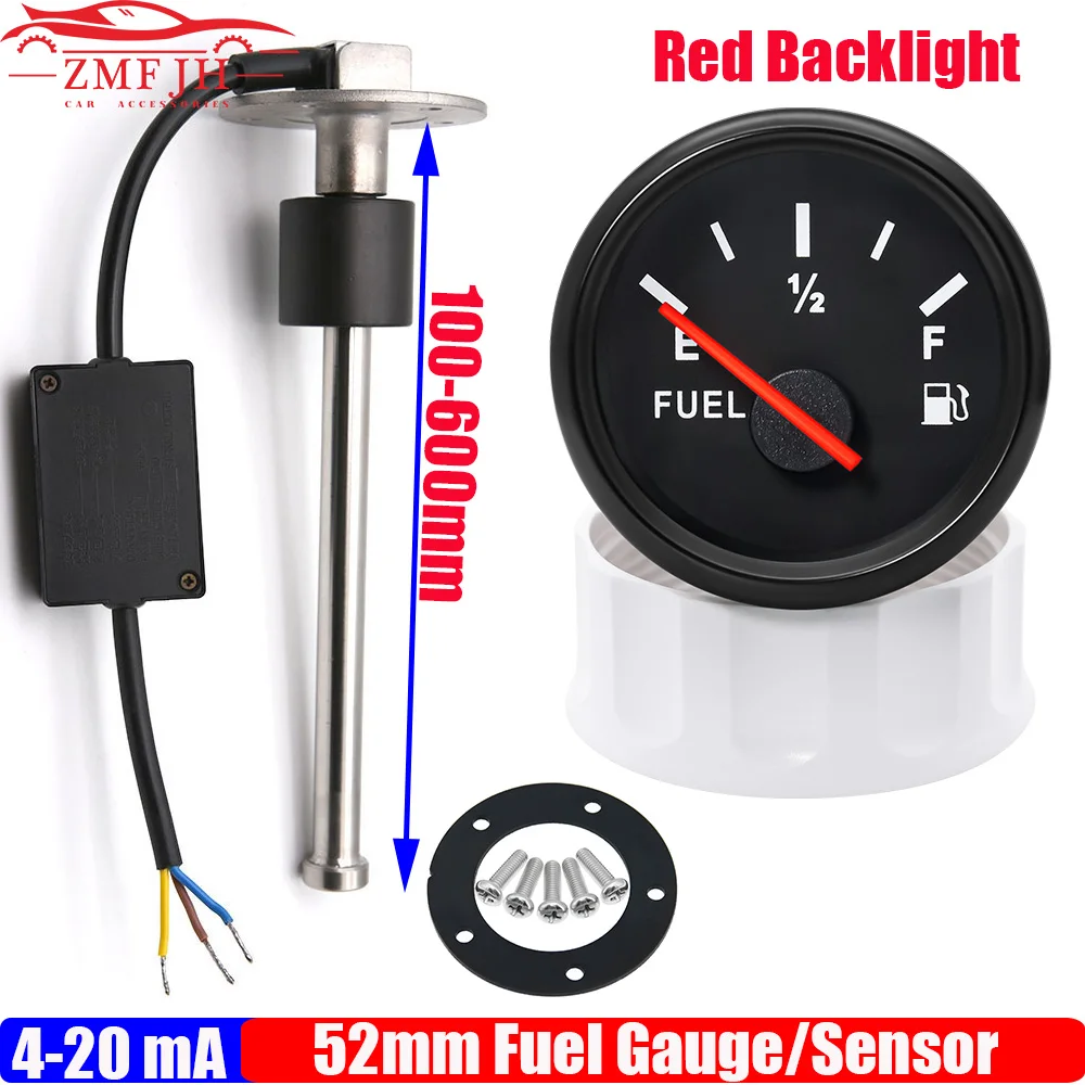 

4-20mA 52mm Fuel Level Gauge Red Backlight Current Sensor Liquid Level Sensor 100~550mm Current Sensor Stainless Steel Custom