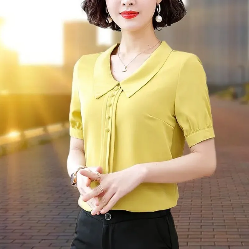 Women\'s Solid Turn-down Collar Button Patchwork Chiffon Pullover Lantern Half Sleeve T-shirt Elegant Clothing Summer Tops