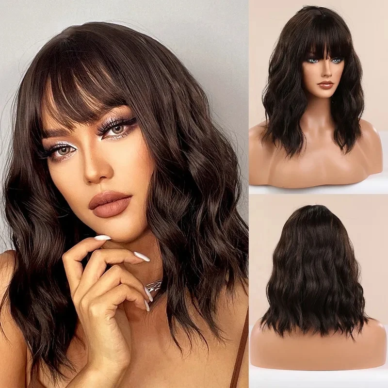 

ABC123dark brown short style Wavy Bob Wig with Bangs curly hair for Women Cosplay daily use Natural Resistant Syntheti3;b,6/k'5;