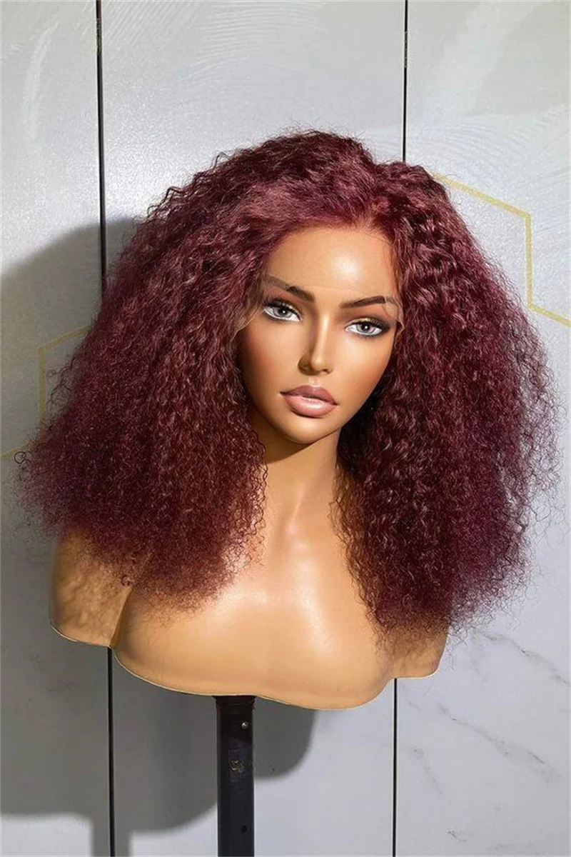 

99j Soft 26Inch Burgundy Glueless Long Kinky Curly 180Density Lace Front Wig For Women BabyHair Heat Resistant Preplucked Daily