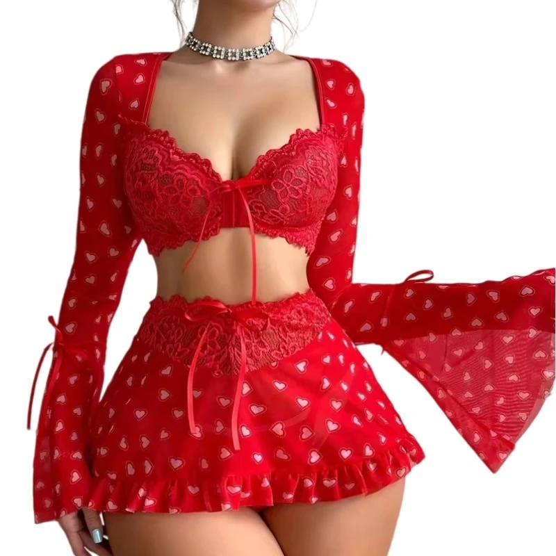 

3 Piece Sets See-through Sexy Lingerie for Women Red Love Heart Bra Mesh Patchwork Ruched Lace Up Skirts Thong Erotic Costumes