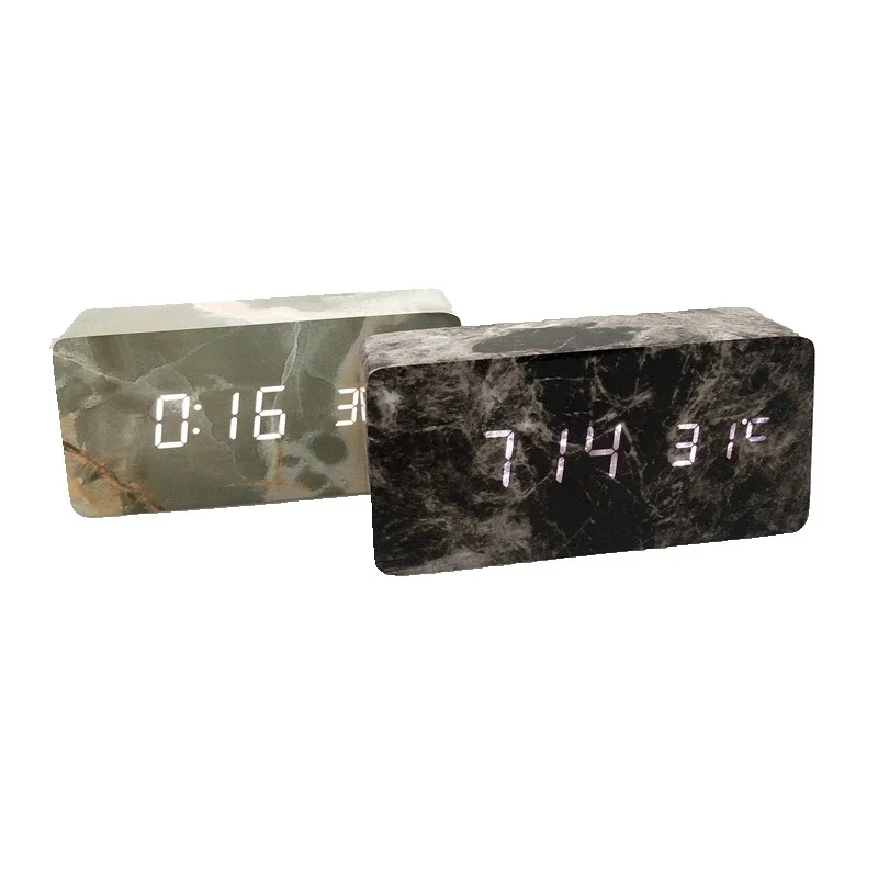 Rectangle Marble Pattern Digital Wooden LED Temperature Alarm Clock Wood Retro Glow Clock Desktop Table Decor Desk Tools